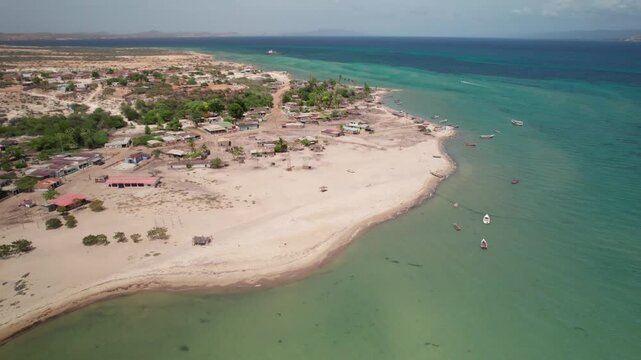 Aerial view of Araya beach and coastal village, Venezuela.
