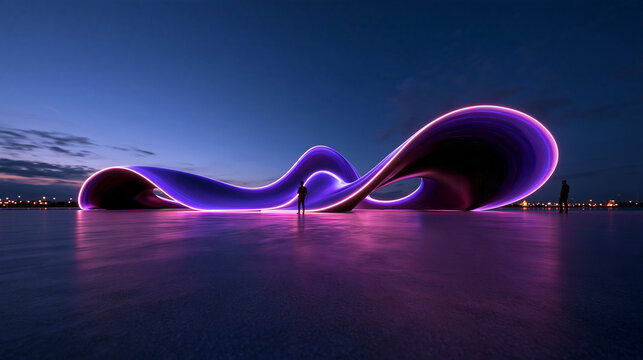 Futuristic Curved Neon Light Sculpture Installation at Dusk