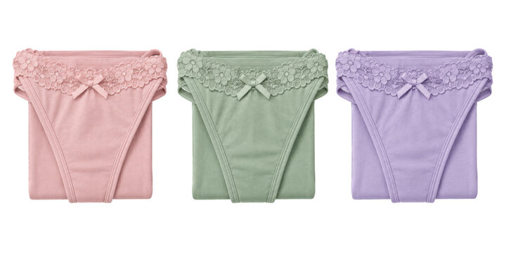 Women's European thong underwear three-pack, lace satin, blush pink, sage green and lavender, narrow back and lace waistband. Studio shot isolated on white background, retail.