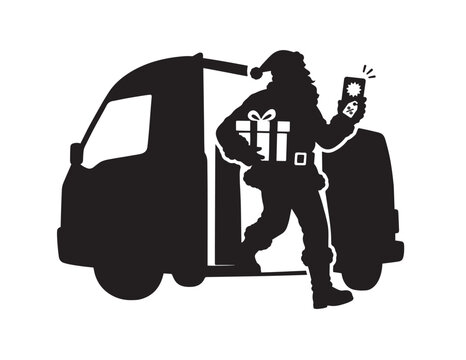 Santa Claus stepping out of a delivery van holding a gift box and a discount price tag for sale
