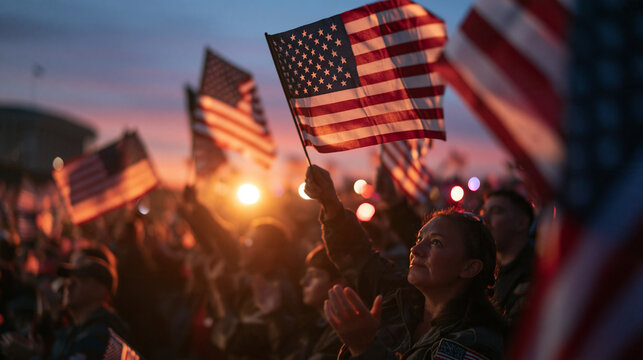 Patriotic Crowd Waving American Flags at Sunset Rally