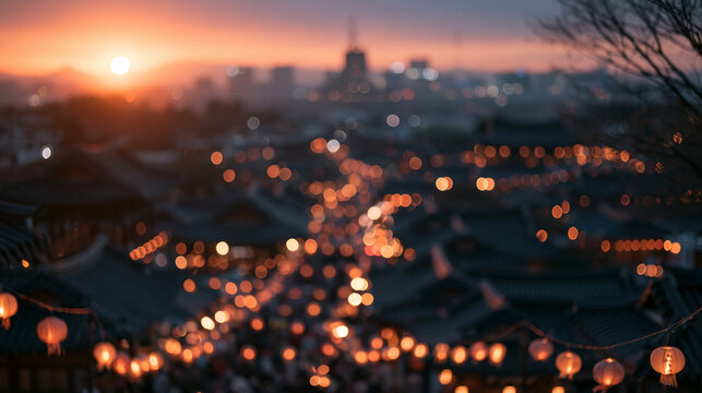 Bokeh View of Traditional Asian Village at Sunset
