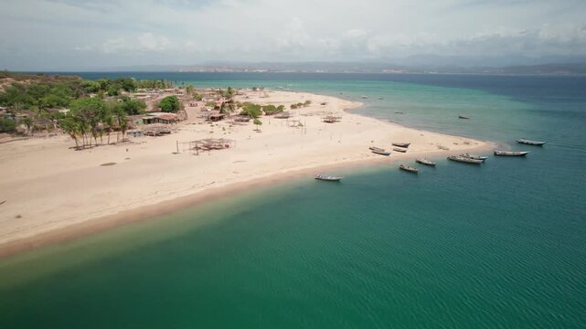 Aerial view of Araya beach with fishing boats in Venezuela.