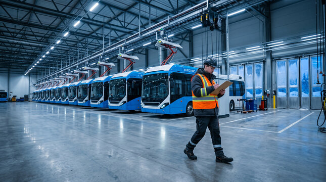 Inspector Checking Electric Bus Fleet in Modern Charging Depot