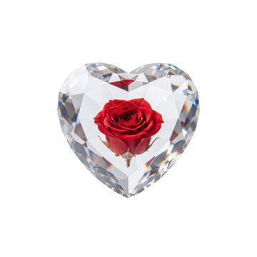 Faceted crystal heart with red rose inside, glass diamond heart sculpture, romantic luxury gift for Valentine's Day on white background
