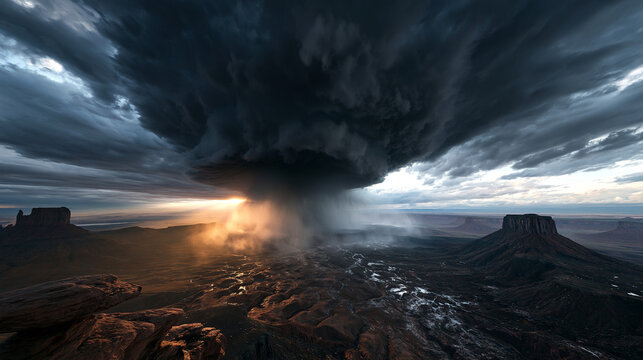 Dramatic Supercell Storm and Rain Shaft over Desert Landscape