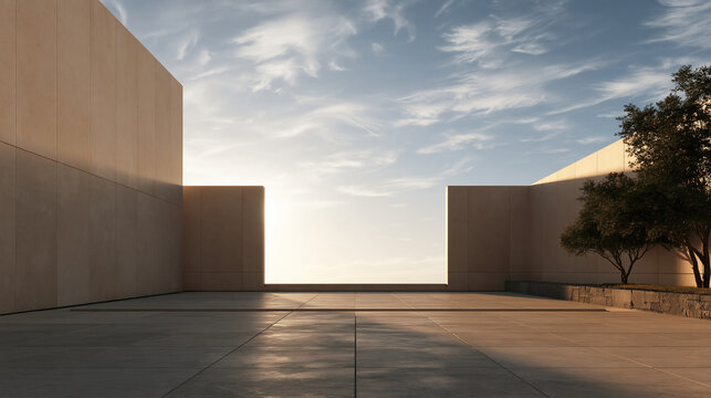 Minimalist Architectural Courtyard with View of Sky at Sunrise