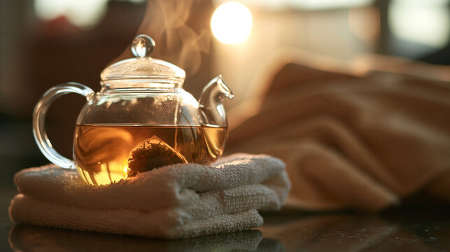 Steaming Herbal Tea in Glass Teapot on Towel