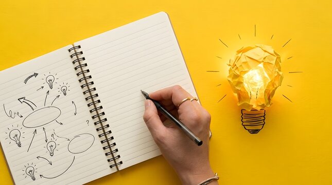 Hand sketching ideas with light bulb drawings and directional arrows in an open spiral bound notebook against a vibrant yellow surface