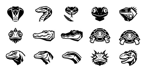 Collection of dinosaur heads in black and white woodcut style illustrations © Kochi