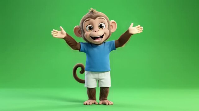 Dancing monkey character in blue shirt performing happy energetic movements