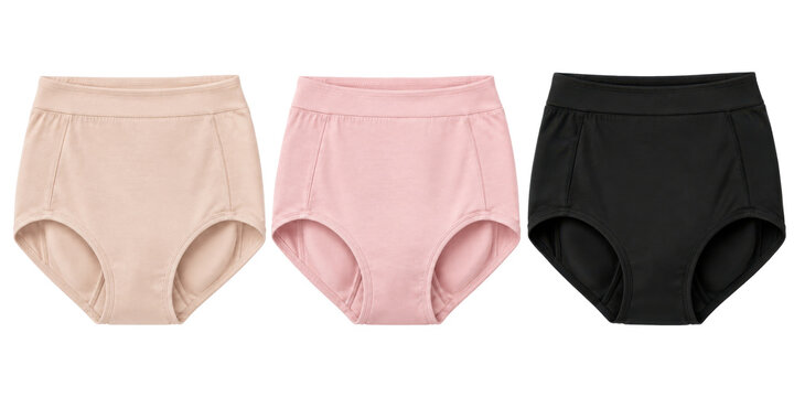 Women's hip up padded brief underwear three-pack, stretch microfiber, nude beige, blush pink and black, contoured foam padding and wide waistband. Studio shot isolated on white background, retail.