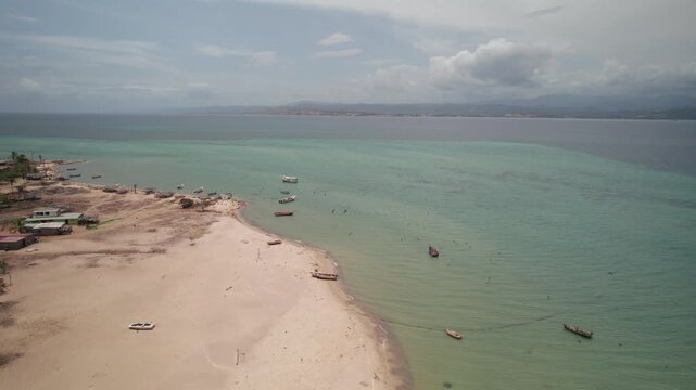 Aerial view of Araya beach with fishing boats in Venezuela.