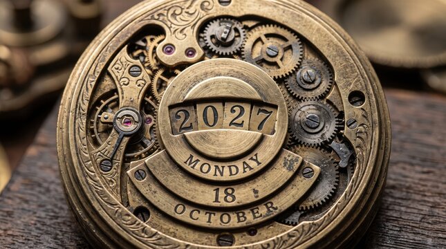 Vintage pocket watch showing date october 18 2017 monday with intricate gears