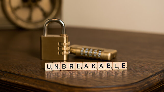 Secure metal padlock with combination lock and wooden letters spelling unbreakable on table surface for security and protection concept design