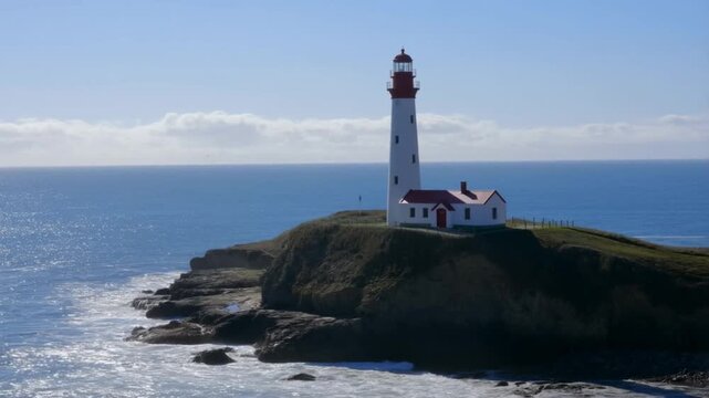Lighthouse perched on a grassy cliff overlooks the vast blue ocean under a clear sky with soft white clouds.
