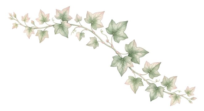 Delicate Watercolor Illustration Of A Trailing Ivy Vine Branch With Green Leaves On White Background