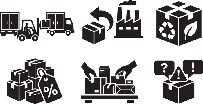 E-commerce reverse logistics cross-docking and return to vendor industrial icon set