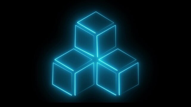   Blue Neon Outline Cubes Stacked Icon on Black Background blocks