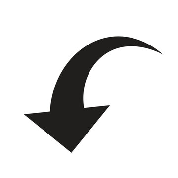 Black curved down arrow pointing downwards isolated symbol for navigation and pointer ui design