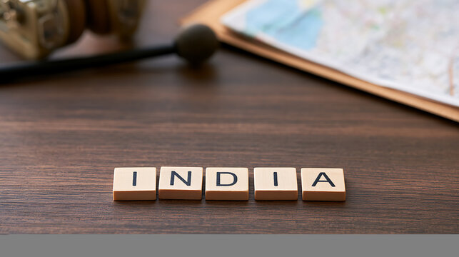 Wooden letter tiles spell the word India on a rustic table with vintage travel accessories map and compass in the background for tourism concepts