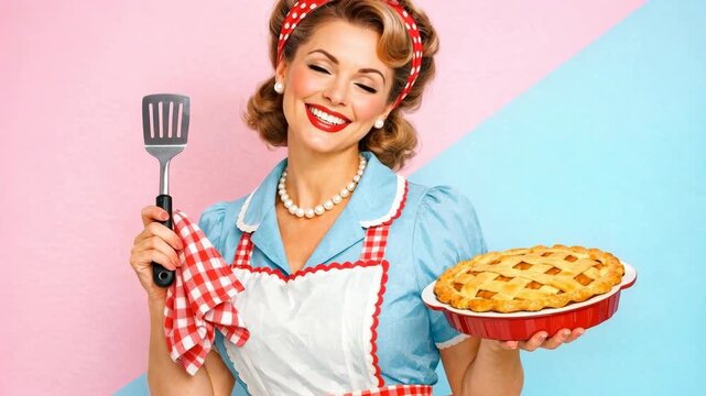 Smiling woman holds pie and spatula