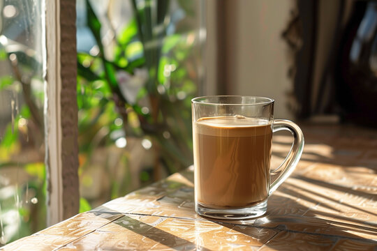 raf coffee in a clear glass mug