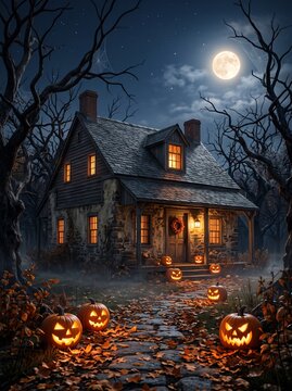 Mysterious Halloween house at night with glowing pumpkins, full moon, bare trees, autumn leaves and atmospheric mist.