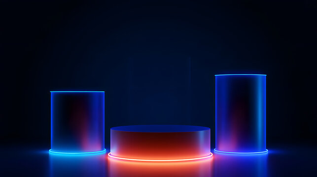 Strikingly illuminated neon pillars glow against the darkness, highlighting a cutting-edge product showcase concept ideal for technological advertising.