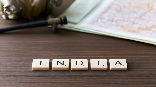 The word India spelled out using letter tiles on a dark wooden table background with a travel map, compass, and headphones nearby view