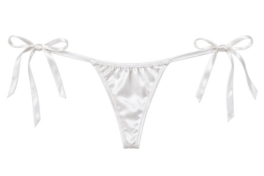 Women's string bikini underwear, lace satin, white, side tie ribbon straps and narrow back. Alternate studio view isolated on white background, retail.