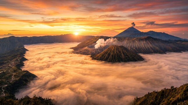Mount Bromo Volcano at Sunrise with Sea of Clouds and Smoking Crater