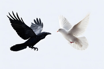 Obraz premium The dark raven alongside the white dove in flight, symbolizing the contrast and duality
