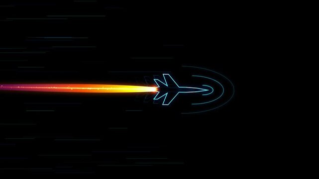 A futuristic holographic fighter jet shoots forward at warp speed in this seamless 10-second sci-fi motion graphic. Features neon cyan, electric blue, and magenta cyber-telemetry over a dark grid, ide