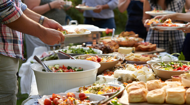A varied selection of dishes at a family gathering where attendees bring their own homemade offerings.