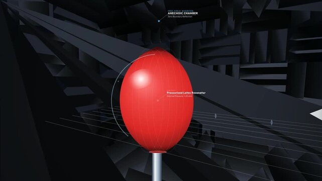 3D animation visualizing the scientific principles of sound absorption inside an anechoic chamber, showing a popping balloon and explaining shock wavefronts, acoustic wedges, and sound dissipation