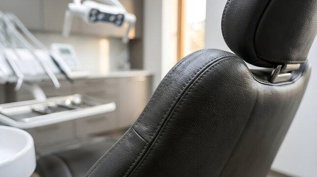 Professional Modern Dental Clinic Interior Featuring an Empty Black Leather Patient Chair and Medical Equipment for Oral Healthcare Services