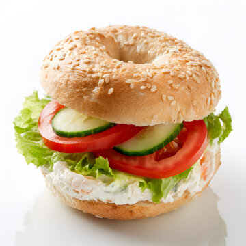 A fresh bagel sandwich packed with a generous cheese spread, mixed with lettuce, tomato, and cucumber slices. A healthy vegetarian choice for breakfast or lunch on a white background. A tasty and stra