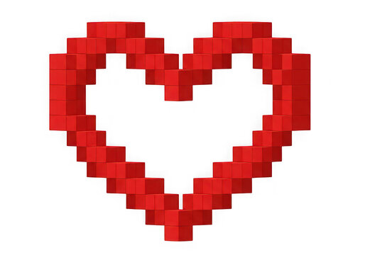 Heart shape made of red pixel cubes isolated on a clean transparent background for love
