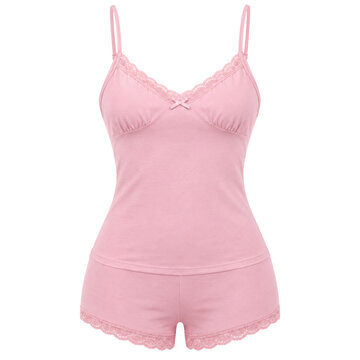 Women's camisole and brief underwear set, cotton blend, blush pink, adjustable straps and lace trim. Studio shot isolated on white background, retail.