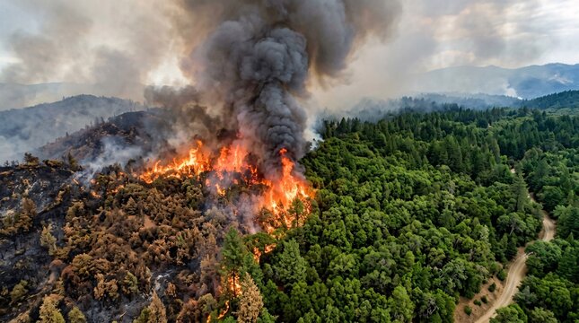Forest fire dividing the landscape, orange flames on the left, green canopy on the right, thick smoke aerial, with cinematic mood