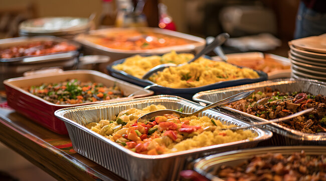 A varied food selection at a communal family gathering with a range of homemade recipes.
