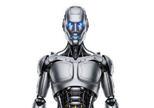 Futuristic cyborg robot head and torso isolated on transparent background for tech design
