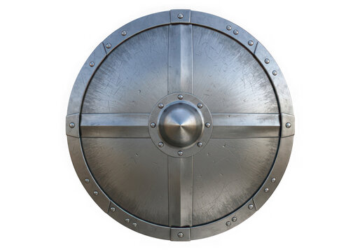 Round medieval metal shield with rivets isolated on a professional transparent background