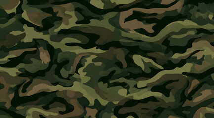 Fototapeta premium Classic woodland camouflage continuous pattern design in olive green, brown, and black shades for military clothing creation