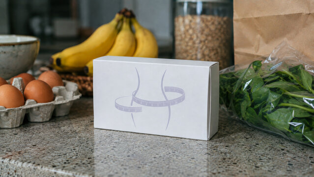 Weight loss program box surrounded by healthy groceries on a kitchen counter, representing dieting, nutrition, weight management and healthy lifestyle