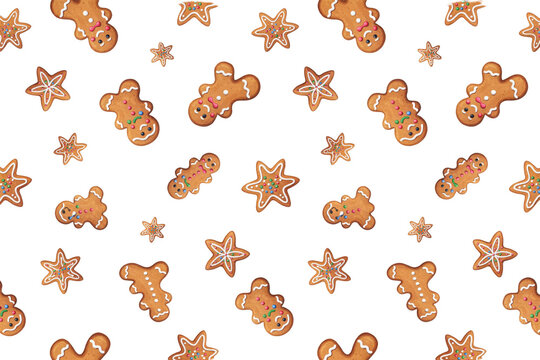 Seamless pattern of watercolor gingerbread men and star cookies on white isolated on a transparent background