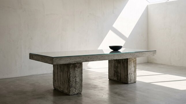 Concrete table with glass top on brutalist blocks in an empty white room, stark geometric sunlight shadows, with moody atmosphere