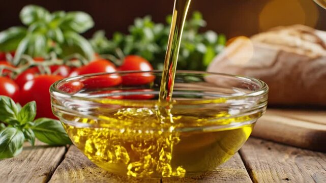 Pouring golden olive oil into a glass bowl with fresh tomatoes, basil, and bread in the background