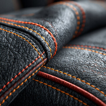 Close up view of textured dark leather with decorative orange stitching